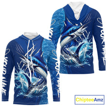 Load image into Gallery viewer, Marlin Fishing Custom Long Sleeve Hooded Performance Fishing Shirts, Marlin Saltwater Fishing Shirt NBT720