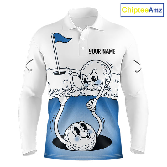 Blue Funny Golf Rescue Team Polo Shirt Custom Name, Golf Ball Cartoon Polo, White Golf Shirt NBT599