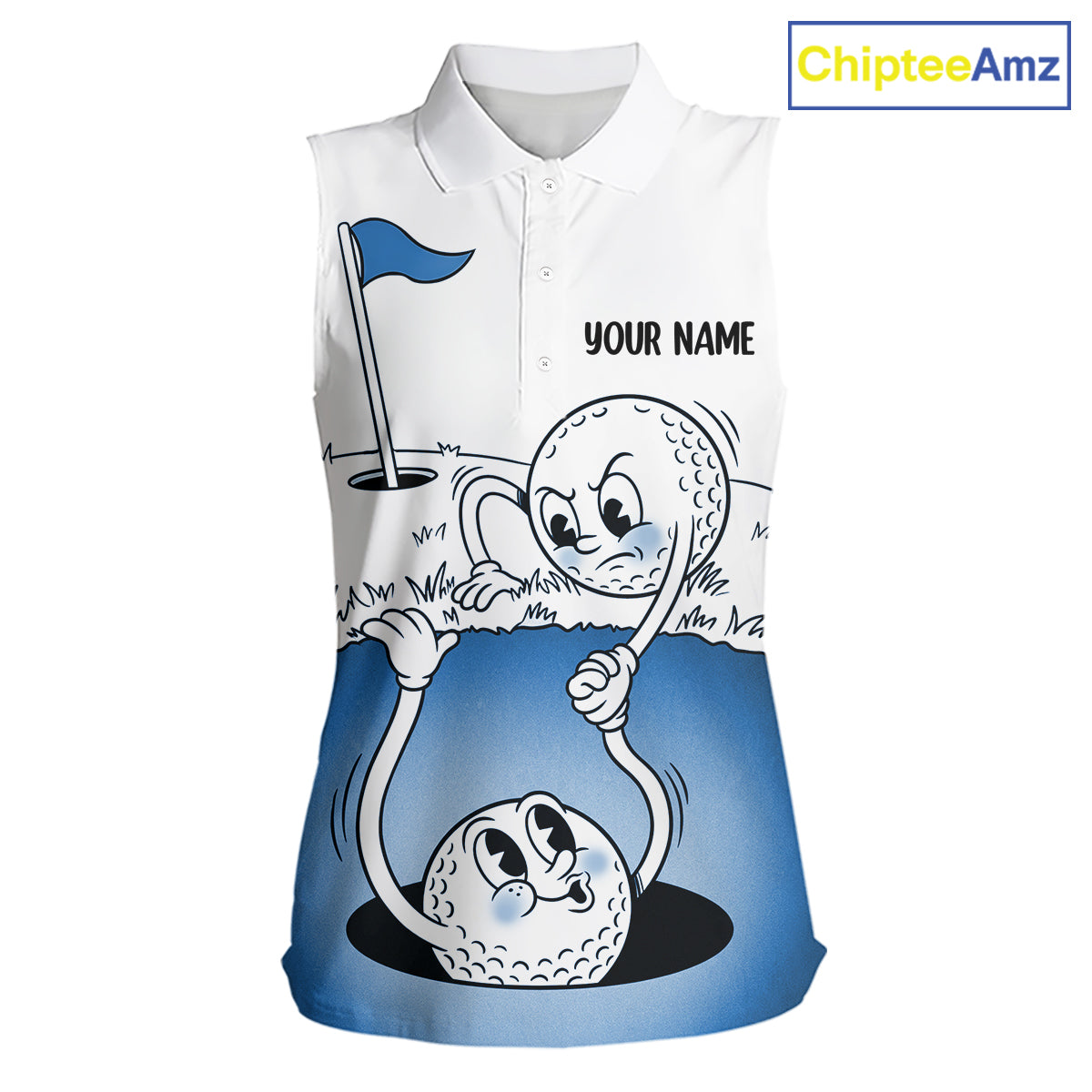Blue Funny Sleeveless Golf Rescue Team Polo Shirt Custom Name, Golf Ball Cartoon Polo, White Golf Shirt NBT599