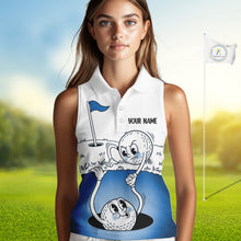 Load image into Gallery viewer, Blue Funny Sleeveless Golf Rescue Team Polo Shirt Custom Name, Golf Ball Cartoon Polo, White Golf Shirt NBT599