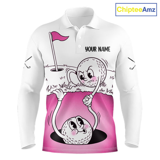 Pink Funny Golf Rescue Team Polo Shirt Custom Name, Golf Ball Cartoon Polo, White Golf Shirt NBT600