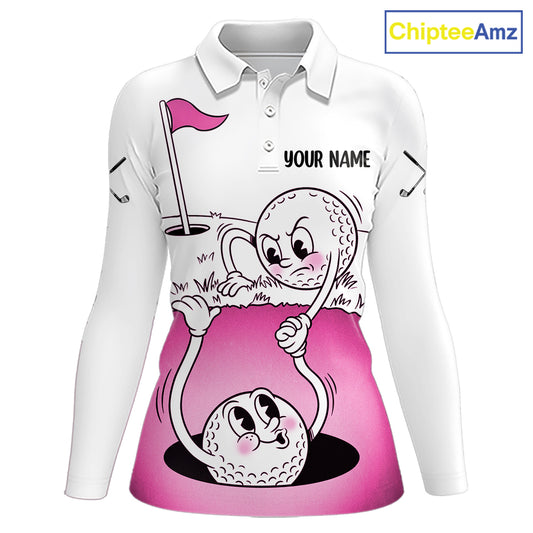 Pink Funny Golf Rescue Team Polo Shirt Custom Name, Golf Ball Cartoon Polo, White Golf Shirt NBT600