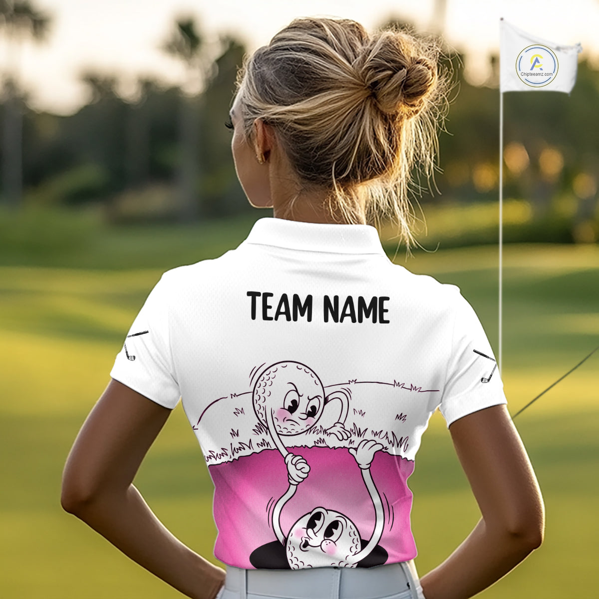 Pink Funny Golf Rescue Team Polo Shirt Custom Name, Golf Ball Cartoon Polo, White Golf Shirt NBT600