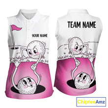 Load image into Gallery viewer, Pink Funny Sleeveless Golf Rescue Team Polo Shirt Custom Name, Golf Ball Cartoon Polo, White Golf Shirt NBT600