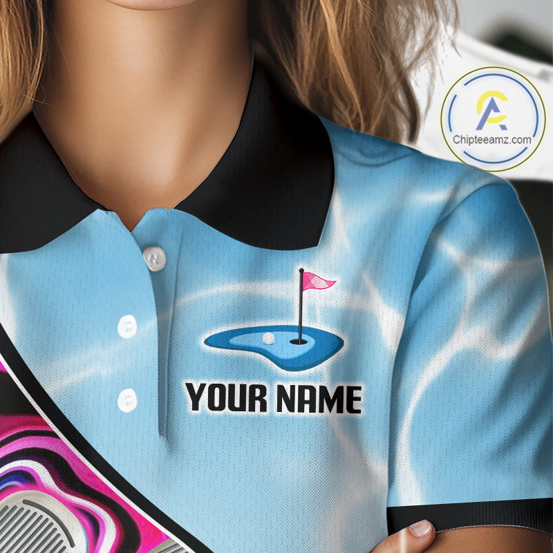 Womens Golf Polo Shirt Holographic Marble Golf Pattern For Team, Golf Attire For Women|Blue NBT724