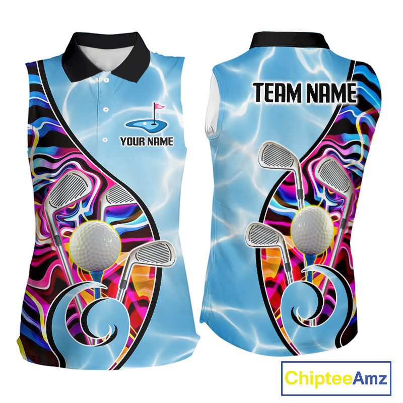 Womens Sleeveless Golf Polo Shirt Holographic Marble Golf Pattern For Team, Golf Attire For Women|Blue NBT724