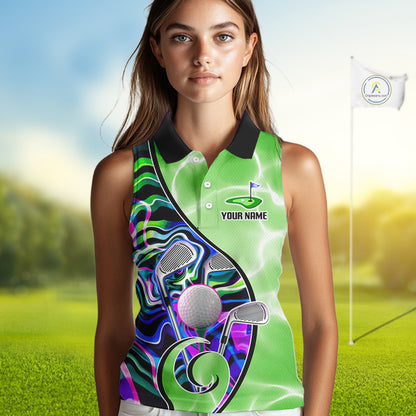 Womens Sleeveless Golf Polo Shirt Holographic Marble Golf Pattern For Team, Golf Attire For Women|Green NBT725