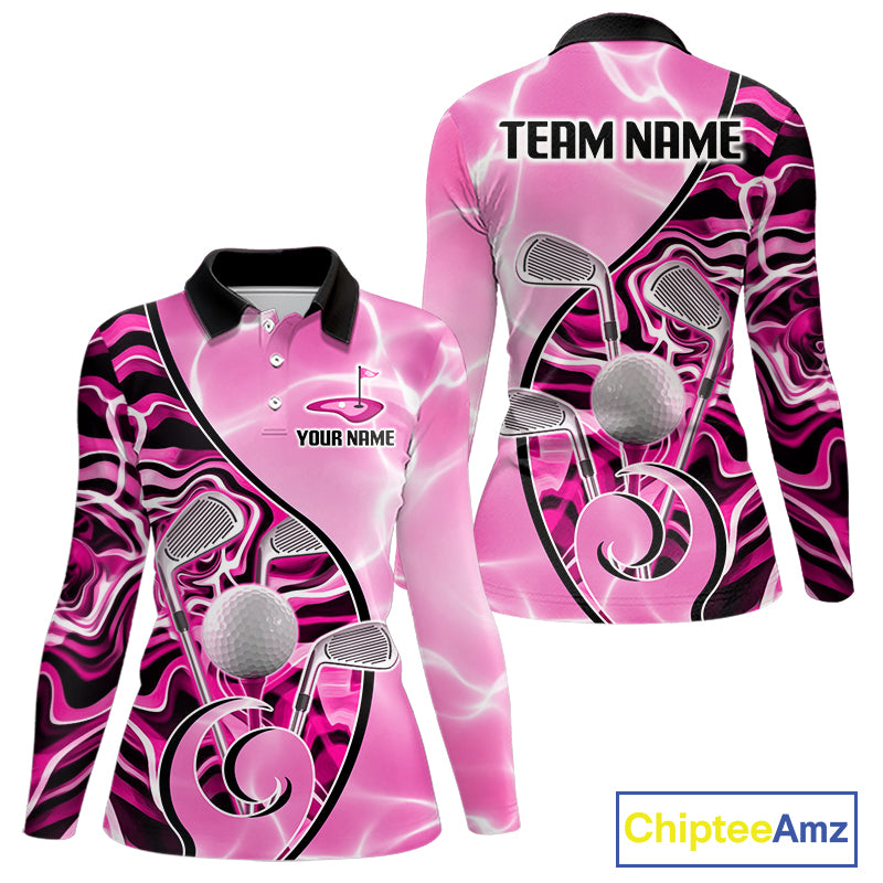 Womens Golf Polo Shirt Holographic Marble Golf Pattern For Team, Golf Attire For Women|Pink NBT726