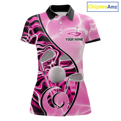 Womens Golf Polo Shirt Holographic Marble Golf Pattern For Team, Golf Attire For Women|Pink NBT726
