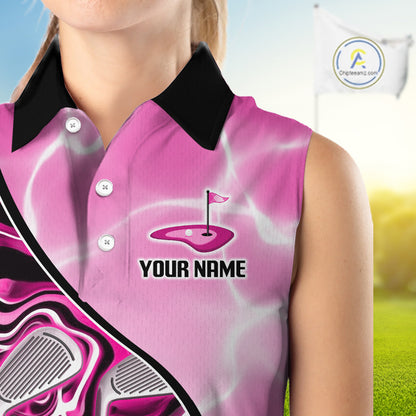 Womens Sleeveless Golf Polo Shirt Holographic Marble Golf Pattern For Team, Golf Attire For Women|Pink NBT726