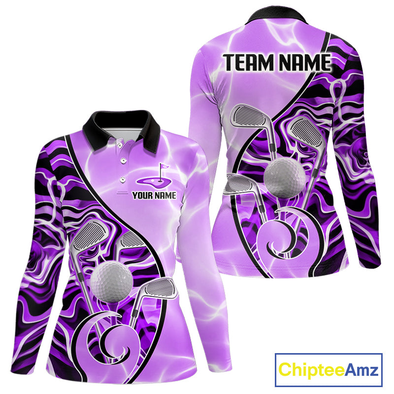 Womens Golf Polo Shirt Holographic Marble Golf Pattern For Team, Golf Attire For Women|Purple NBT727