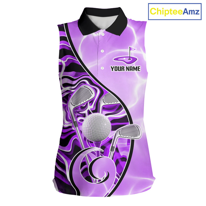 Womens Sleeveless Golf Polo Shirt Holographic Marble Golf Pattern For Team, Golf Attire For Women|Purple NBT727