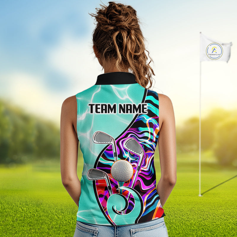 Womens Sleeveless Golf Polo Shirt Holographic Marble Golf Pattern For Team, Golf Attire For Women|Turquoise NBT728