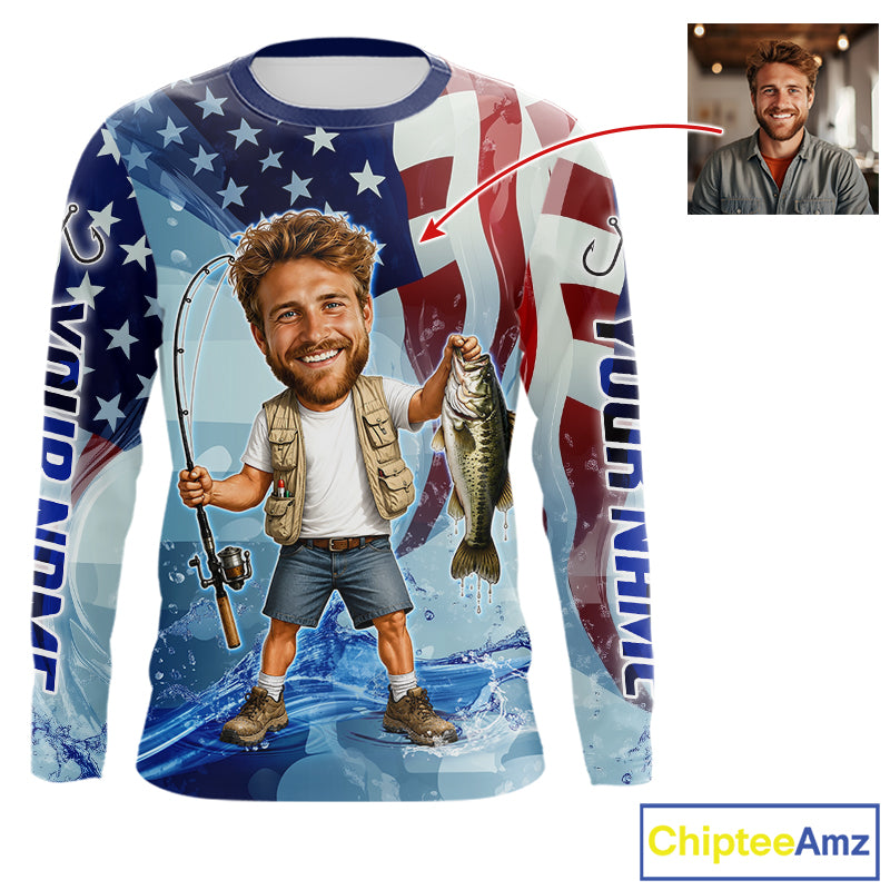 Custom Photo Funny Bass Fishing Shirts Long Sleeve American Flag For Men, Funny Bass Fishing Team|Blue NBT730