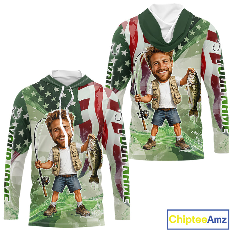 Custom Photo Funny Bass Long Sleeve Hooded Fishing Shirts American Flag For Men, Funny Bass Fishing Team|Green NBT731