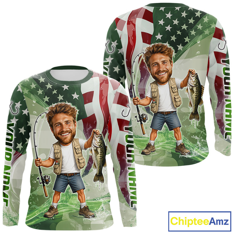 Custom Photo Funny Bass Fishing Shirts Long Sleeve American Flag For Men, Funny Bass Fishing Team|Green NBT731