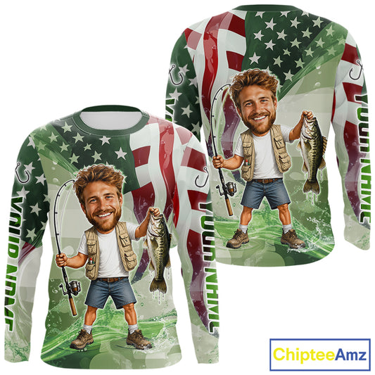 Custom Photo Funny Bass Fishing Shirts Long Sleeve American Flag For Men, Funny Bass Fishing Team|Green NBT731