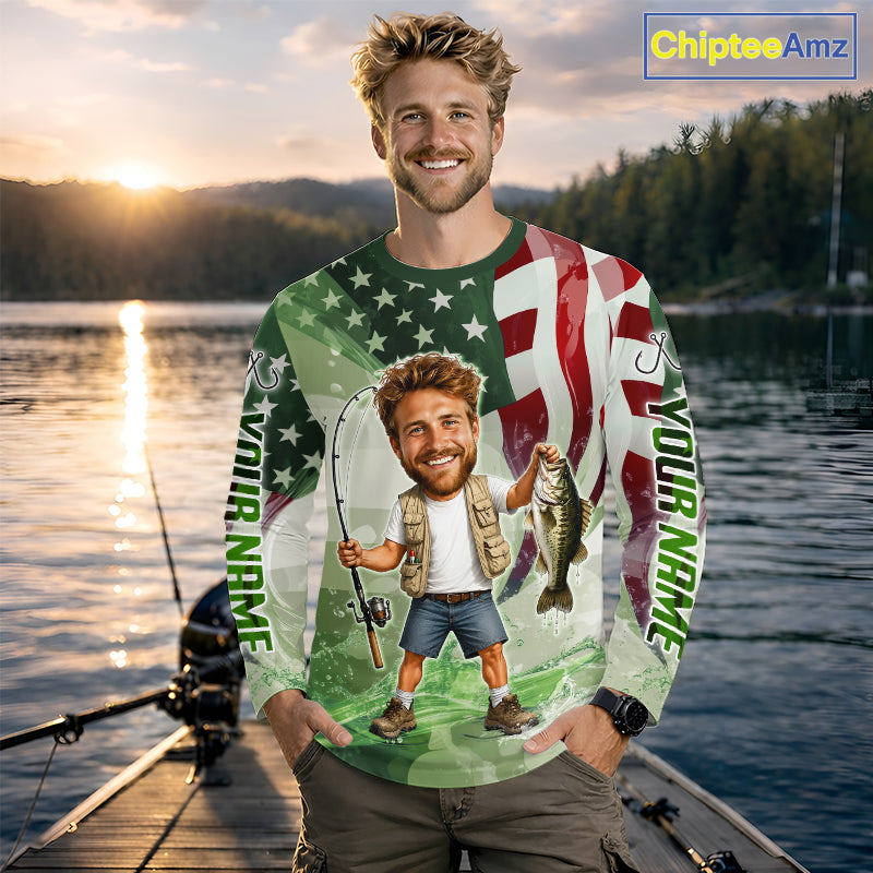Custom Photo Funny Bass Fishing Shirts Long Sleeve American Flag For Men, Funny Bass Fishing Team|Green NBT731