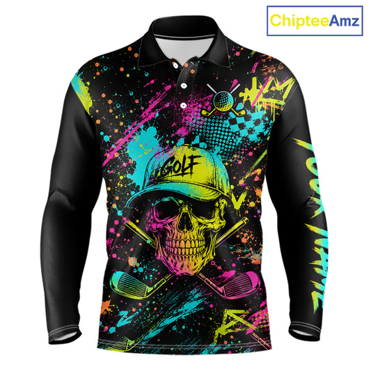 Golf Skull Graffiti Mens Golf Polo Shirt front view - streetwear skull graffiti design, breathable polyester fabric, long sleeve Polo tailored fit, custom team shirt