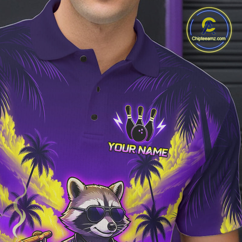 Funny Cool Raccoon Bowling Ball Shirt For Men Custom Blue Tropical Team Jersey Bowling League NBT903