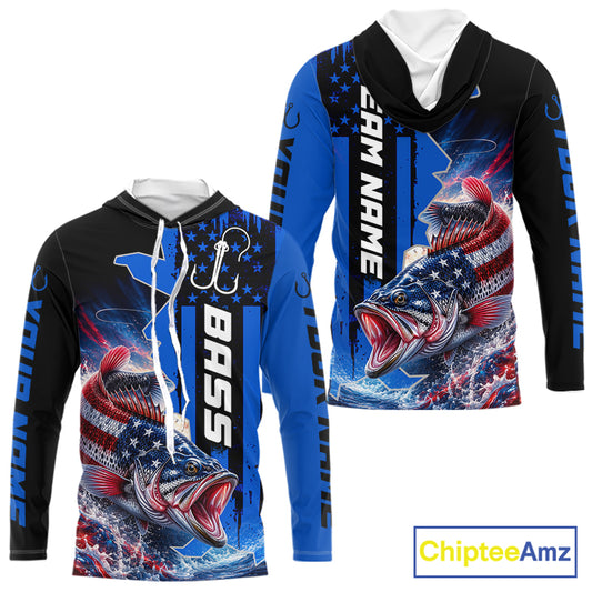 Front and back view of custom American flag bass long sleeve hooded fishing shirt, blue camo team jersey
