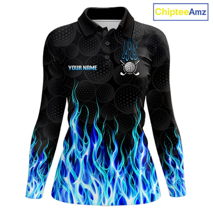 Golf Balls Blue Flame Pattern Womens Golf Polo Shirts Custom Name Golf Clothes For Women Golfing NBT830