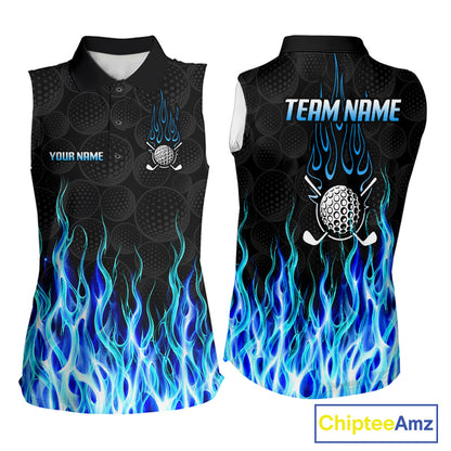 Womens sleeveless golf polo shirt front and back view, custom team name, tailored fit for perfect golf swing
