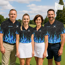 Load image into Gallery viewer, Golf team wearing matching blue flame pattern polo shirts, custom name &amp; team name, tailored fit