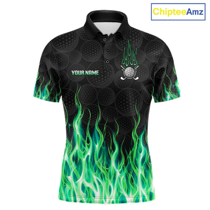 Mens golf polo shirt green flame pattern - front view, custom name available