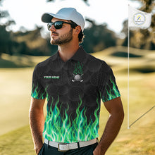 Load image into Gallery viewer, Model wearing golf polo shirt green flame pattern, breathable cotton fabric on golf course