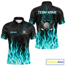 Load image into Gallery viewer, Mens golf polo shirt front and back view, custom team name, tailored fit for perfect golf swing