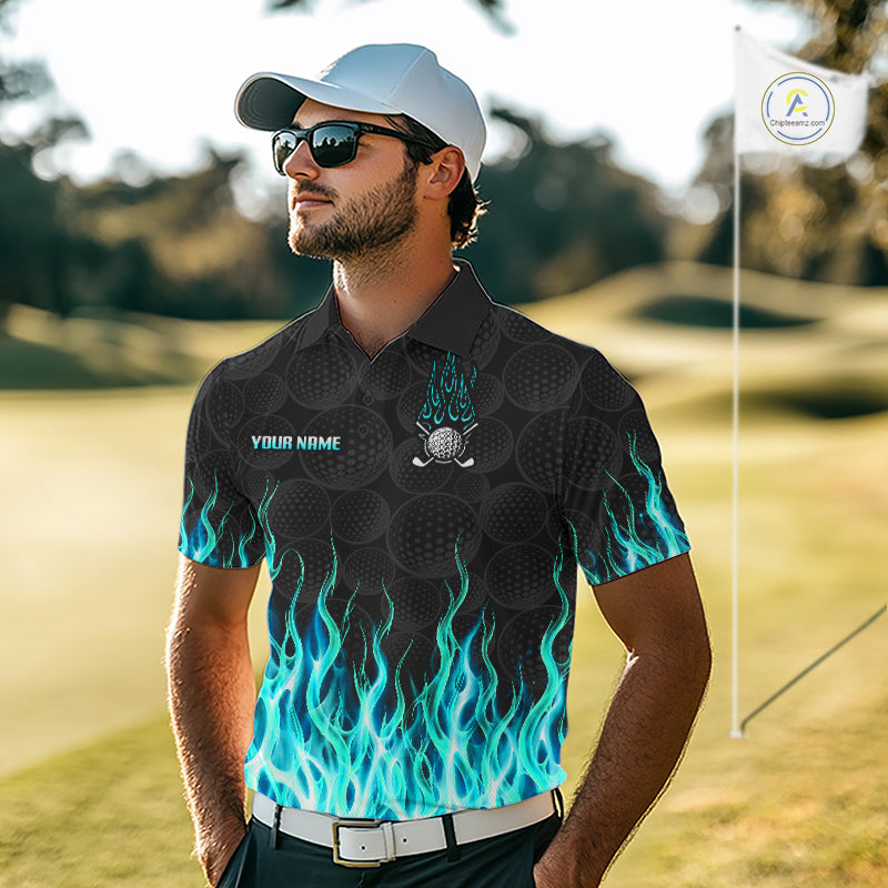 Model wearing golf polo shirt turquoise flame pattern, breathable cotton fabric on golf course