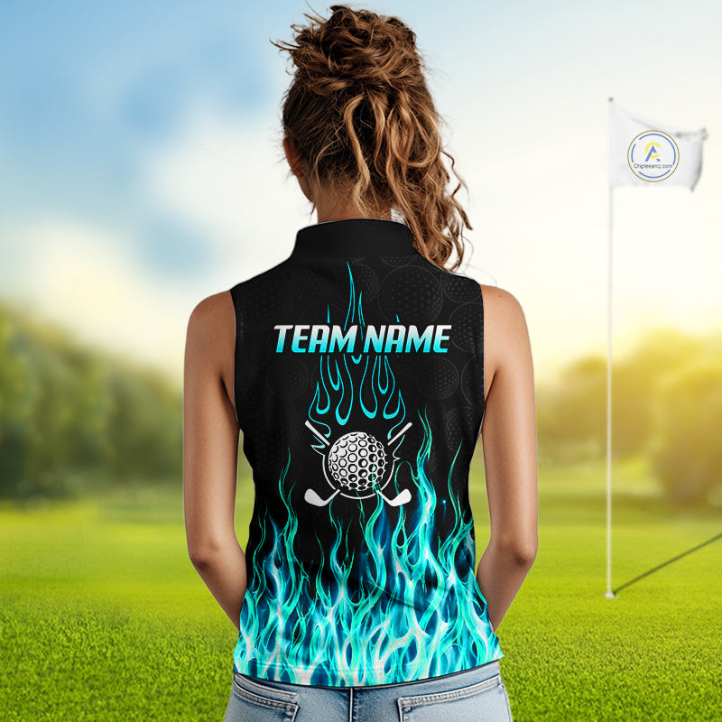 Model wearing sleeveless golf polo shirt turquoise flame pattern, breathable cotton fabric on golf course