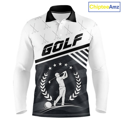 Golf team wearing matching black white golf player pattern polo shirts, custom name & team name, tailored fit