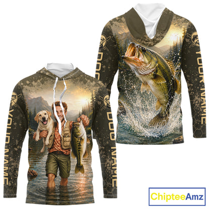 Custom Photo Bass And Dog Fishing Shirts Long Sleeve Hooded For Men, Sun Protection Shirts NBT734