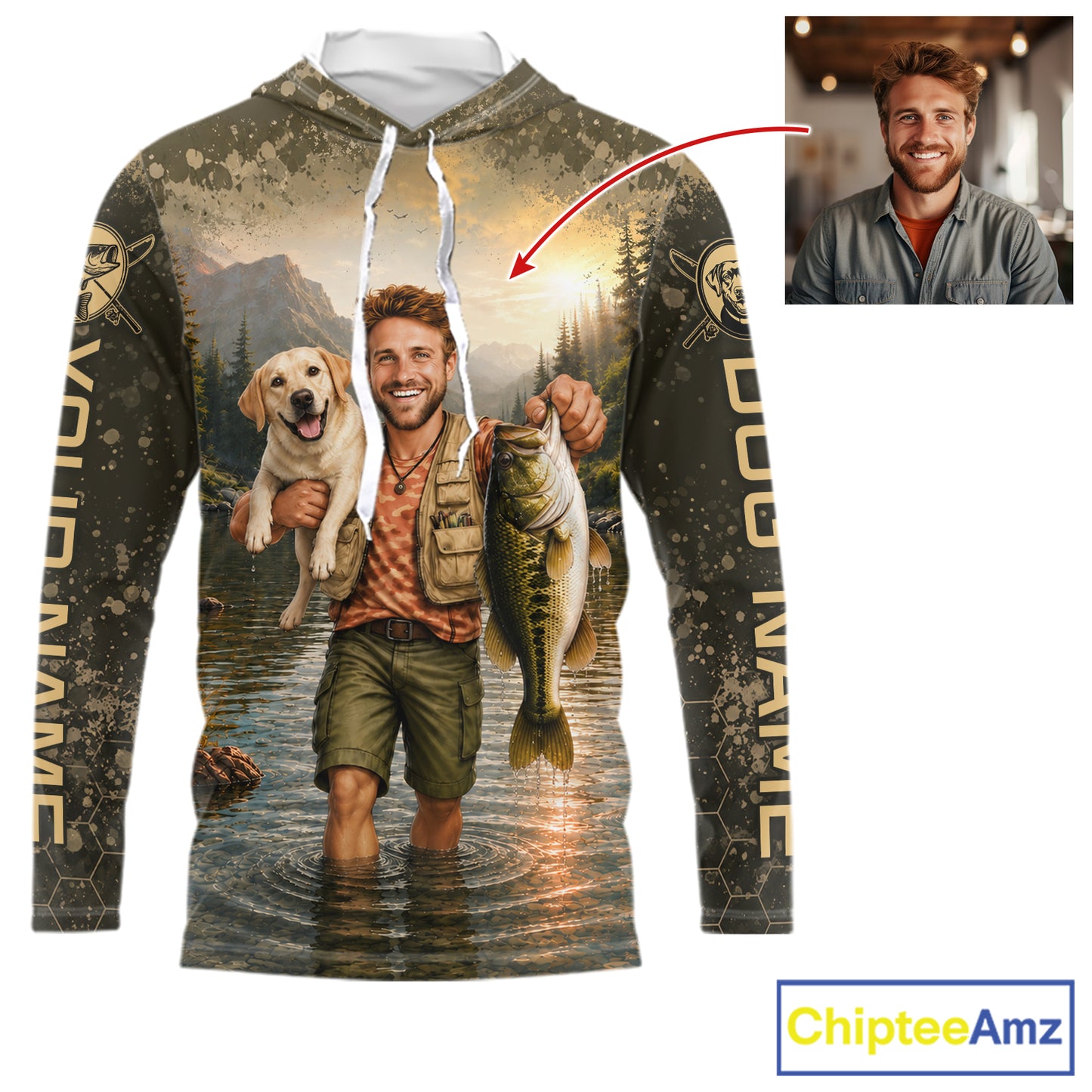 Custom Photo Bass And Dog Fishing Shirts Long Sleeve Hooded For Men, Sun Protection Shirts NBT734