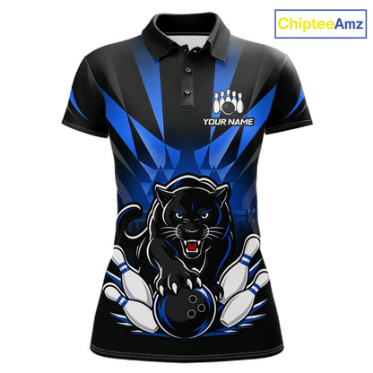 Custom Black And Blue Leopard Bowling Jerseys, Leopard Bowling Team Women Polo & 1/4 Quarter-Zip Shirts NBT914