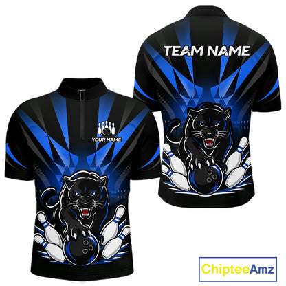 Front and back view of custom black and blue leopard bowling men’s quarter-zip team shirt