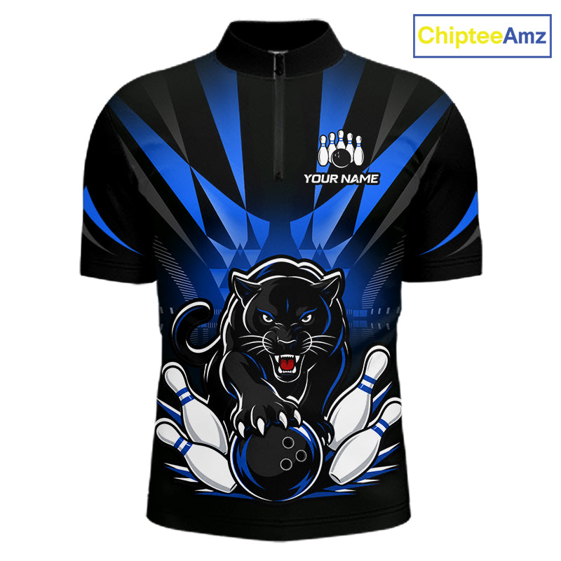 Front view of custom black and blue leopard bowling men’s quarter-zip team shirt