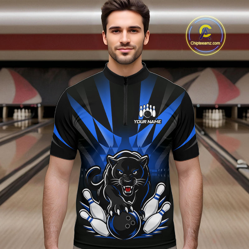 Bowler wearing custom black and blue leopard bowling 1/4 quarter zip team jersey on the lanes