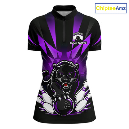 Custom Black And Purple Leopard Bowling Jerseys, Leopard Bowling Team Women Polo & 1/4 Quarter-Zip Shirts NBT916