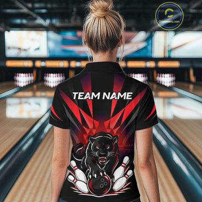 Custom Black And Red Leopard Bowling Jerseys, Leopard Bowling Team Women Polo & 1/4 Quarter-Zip Shirts NBT917