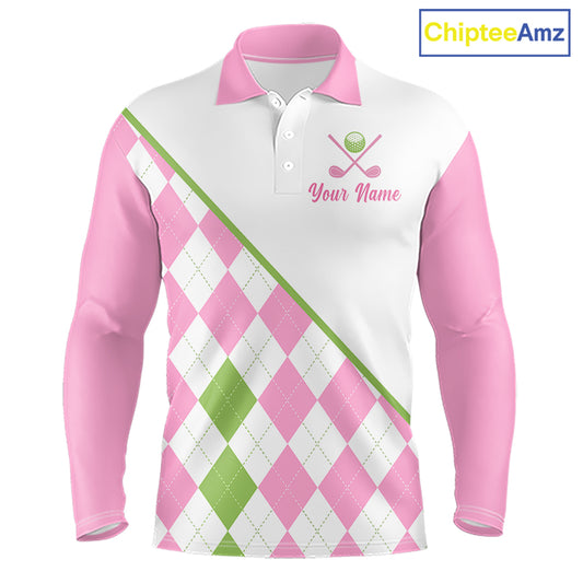 Funny mens long sleeve golf polo shirt pink argyle pattern I Hate Golf Nice Shot I Love Golf - front view