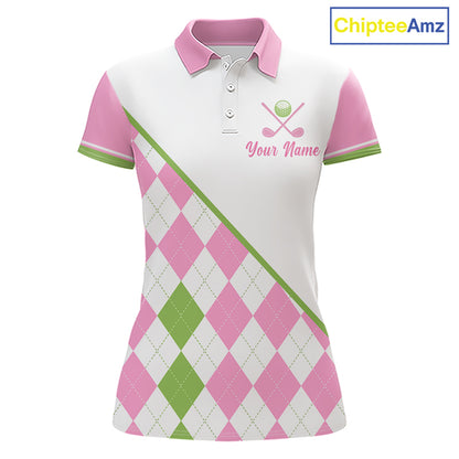 front view funny golf slogan pink argyle womens golf polo shirt