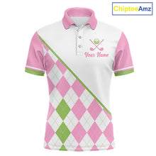 Load image into Gallery viewer, Funny mens golf polo shirt pink argyle pattern I Hate Golf Nice Shot I Love Golf - front view