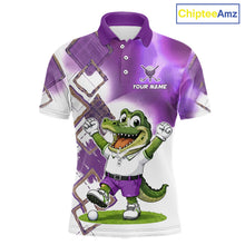 Load image into Gallery viewer, Front view of funny alligator mens golf polo shirt in purple with custom name on chest, team golf shirts and golf gifts design