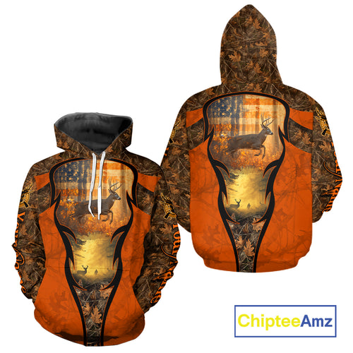 Deer Hunting Autumn Blaze Camo with American Flag Shirts for Men, Best Gift Ideas for Hunter NBT41