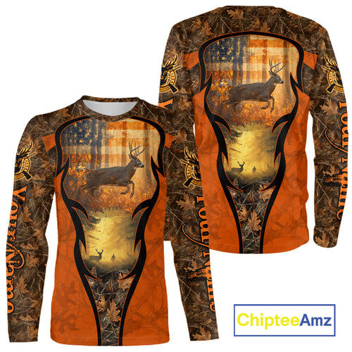 Deer Hunting Autumn Blaze Camo with American Flag Shirts for Men, Best Gift Ideas for Hunter NBT41