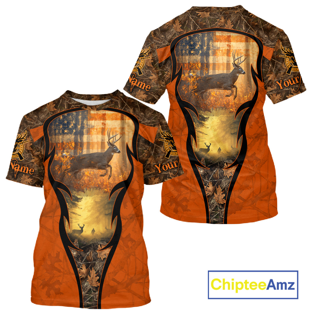 Deer Hunting Autumn Blaze Camo with American Flag Shirts for Men, Best Gift Ideas for Hunter NBT41