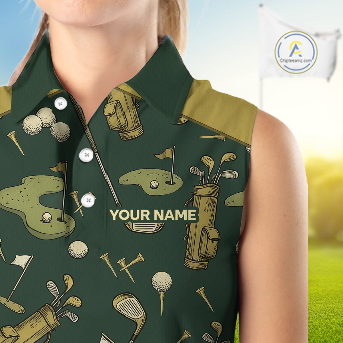 Vintage 1990S Golf Pattern Womens Sleeveless Golf Polo Shirt, Golf Attire For Ladies, Golfer Gifts|Beige NBT614